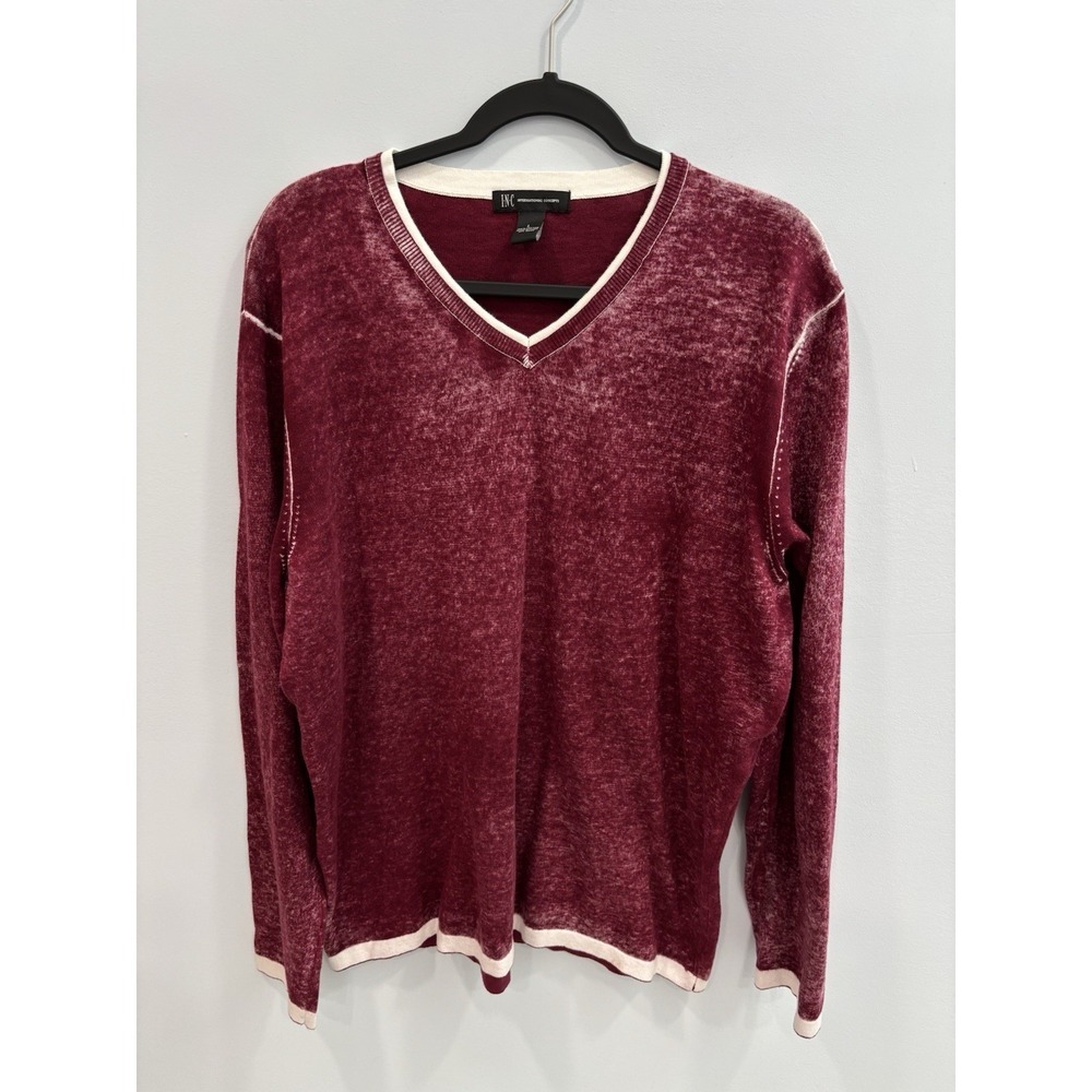 INC International Concepts Cotton Sweater Top Womens L Red V Neck Knit Preppy